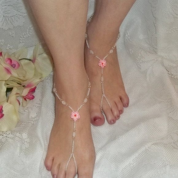 Pink Plumeria Cat Eye Barefoot Sandals Size 6-9 - Picture 2 of 3